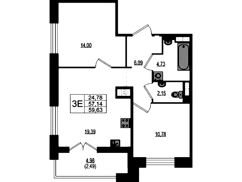 2-комнатная квартира 59.63 м², 3/4 эт., ЖК «Ranta Residence»